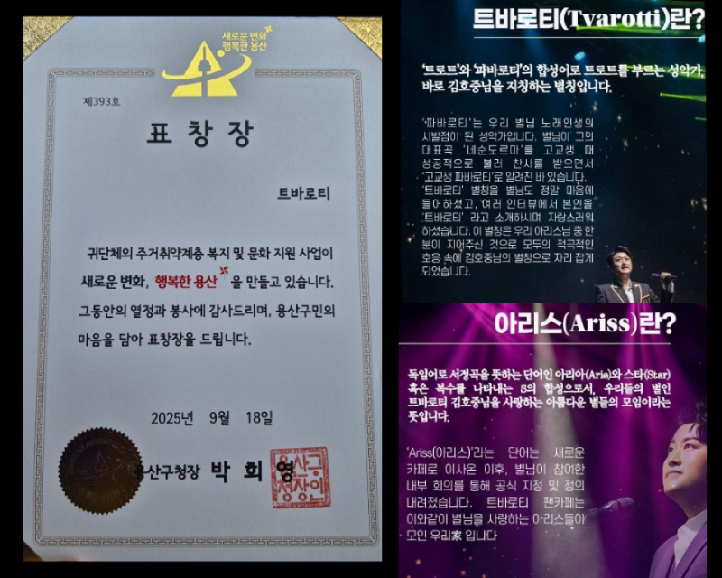 김호중 공식팬카페 '트바로티' 실천하는 기부, 봉사로 용산구청장 표창장 받다.