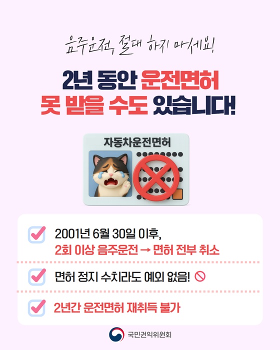 음주운전 2회 이상 모든 운전 면허 취소!!