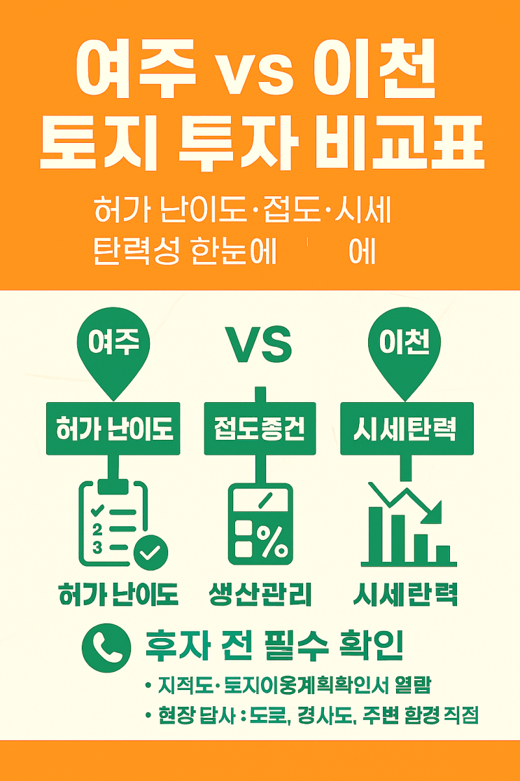  여주 vs 이천 토지 투자 비교표: 허가 난이도·접도·시세 탄력성 한눈에[여주부동산]