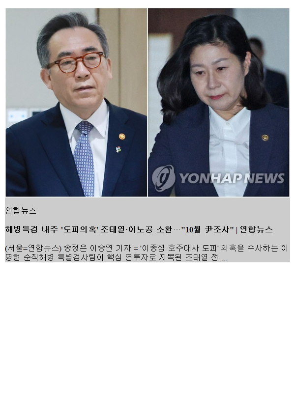 <b>해병특검</b> 내주 '도피의혹' 조태열·이노공 소환…"10월 尹<b>조사</b>"