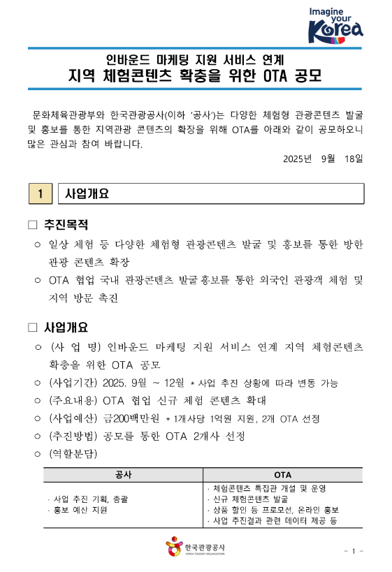  인바운드 마케팅 지원 서비스 연계 지역 체험콘텐츠 확충을 위한 OTA 공모