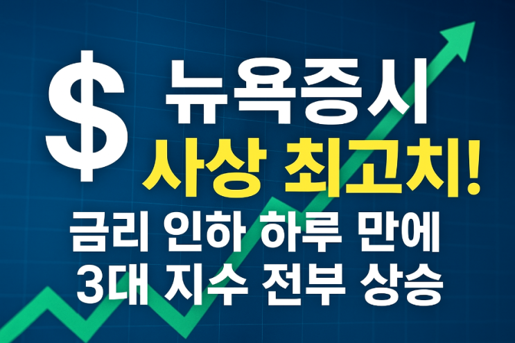 “<b>뉴욕증시</b>, 연준 <b>금리 인하</b> 하루 만에 3대 지수 최고치 경신!... 
