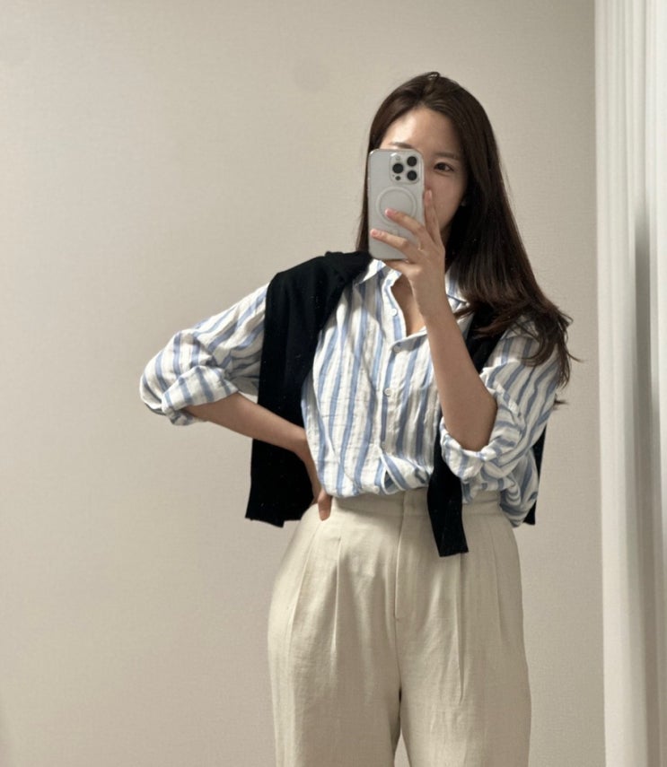  뉴데이 스트라이프셔츠 가을하객룩, 가을출근룩
