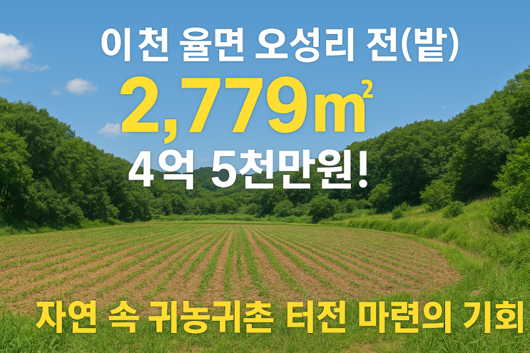  귀농귀촌의 로망] 이천 율면 오성리 2,779 밭(전)! 4억 5천만원으로 시작하는 나만의 농장