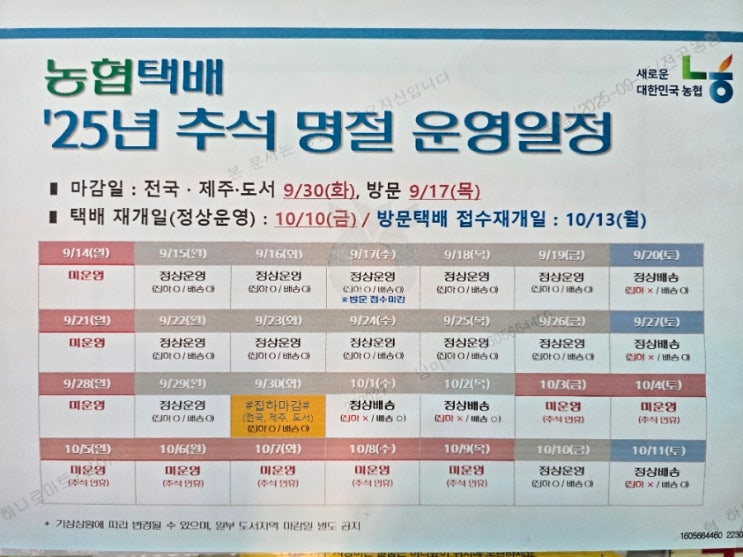  농협택배 2025년 추석 명절 운영일정