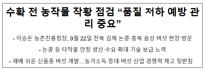  수확 전 농작물 작황 점검 "품질 저하 예방 관리 중요"