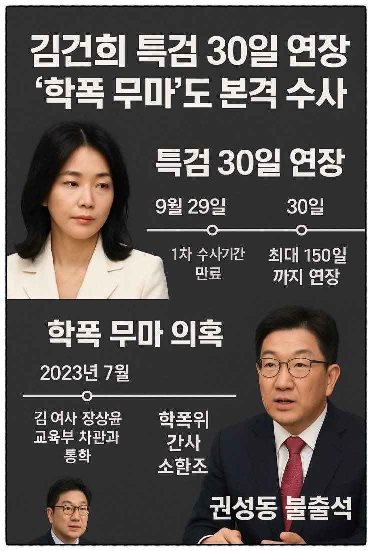 <b>김건희</b> 특검 30일 연장…<b>학폭</b>... 수사 시작, 권성동 불출석 <b>논란</b>