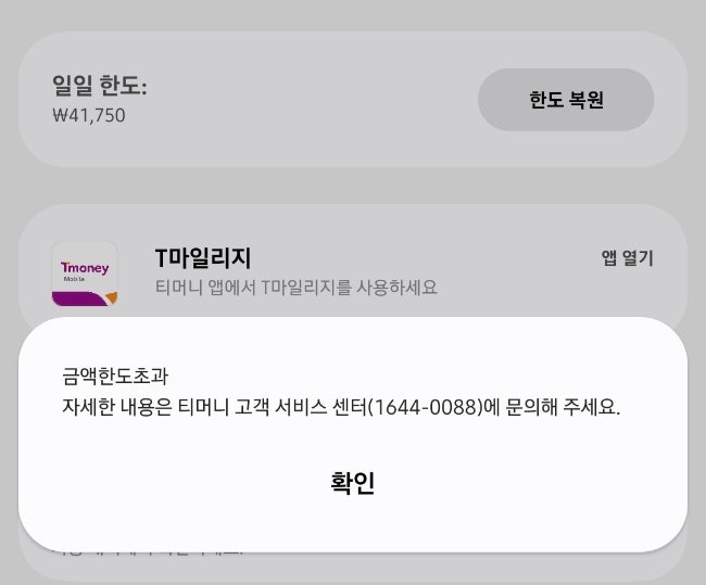 삼성페이 티머니 한도초과 오류 해결 방법 및 후기