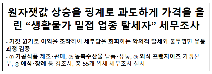  원자잿값 상승을 핑계로 과도하게 가격을 올린 "생활물가 밀접 업종 탈세자" 세무조사