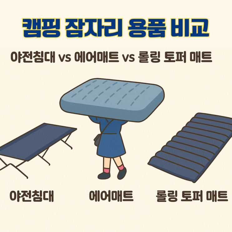  캠핑 용품 필수템 비교 오토캠핑 준비물 잠자리 용품 (야전침대 vs 에어매트 vs 롤 토퍼 매트리스)