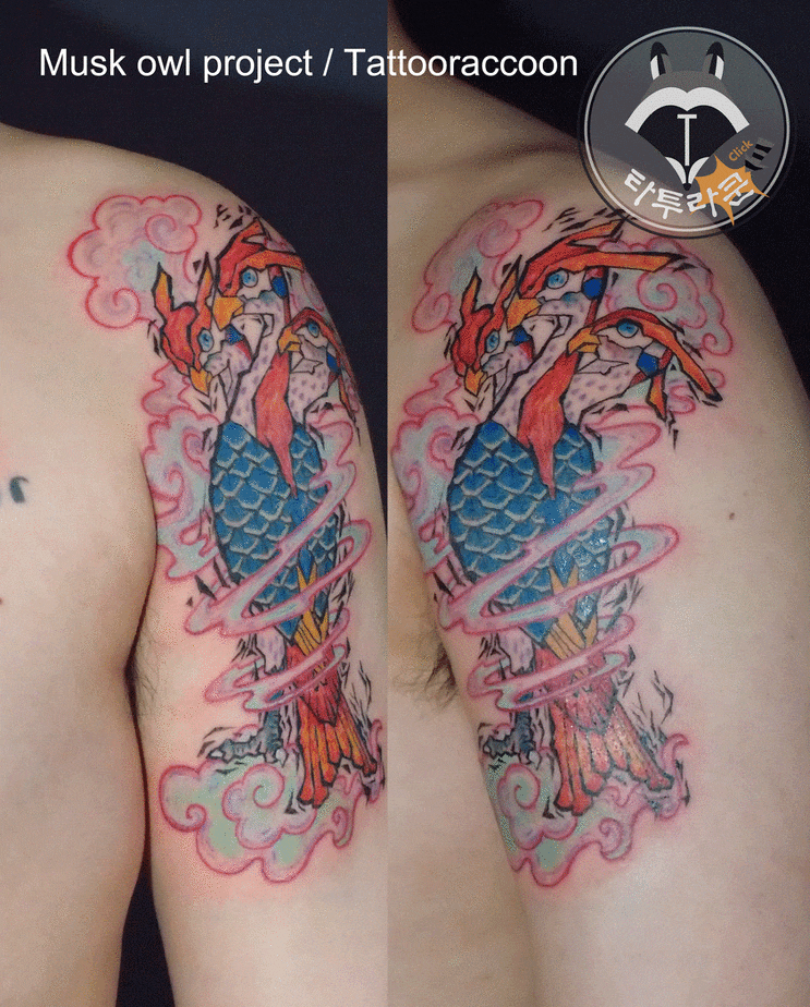  부적타투/삼재타투/삼두응문신/삼두일족응/삼두매타투-[홍대타투라쿤]-조류타투 새타투 민화타투 판화타투