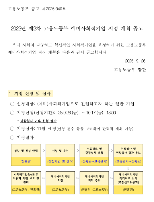  2025년 제2차 고용노동부 예비사회적기업 지정 계획 공고
