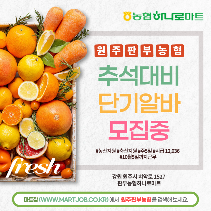  원주 판부농협 추석 단기 아르바이트 모집 안내