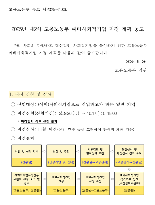 2025년 제2차 고용노동부 예비사회적기업 지정 계획 공고