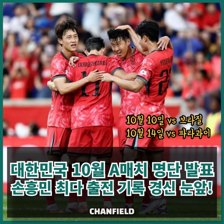 소집명단 발표! <b>손흥민</b>, 단 한경기만 더 뛰면 최다 출전자 된다!