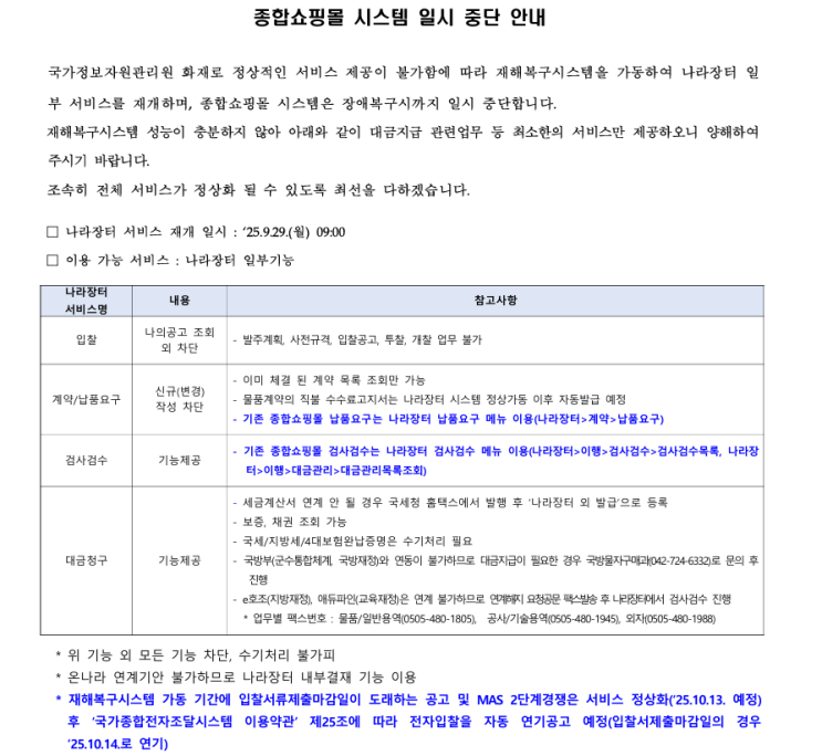  조달청 나라장터 일부 서비스 먼저 정상화