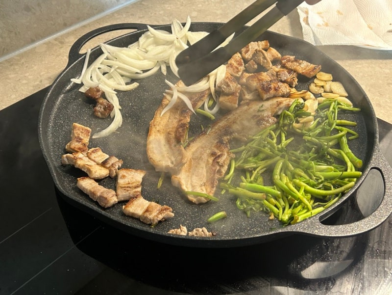 가정용 고기 불판 코스트코 글라스락 셰프토프 그리들팬 우드핸들 38cm 삼겹살 굽기