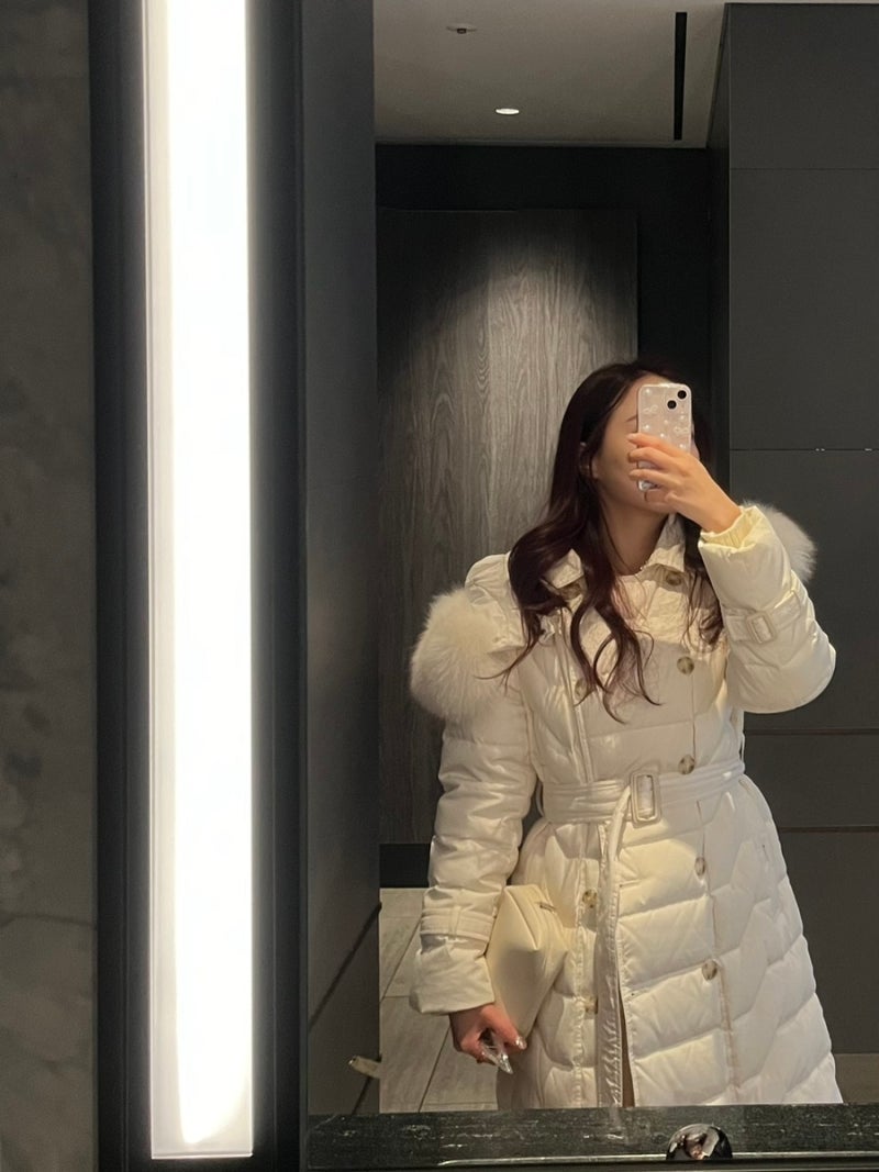 여성 화이트 롱패딩 케네스레이디 더블버튼 퀼팅 다운 하프 코트 ECDHNK70532493 158/45 실착 후기
