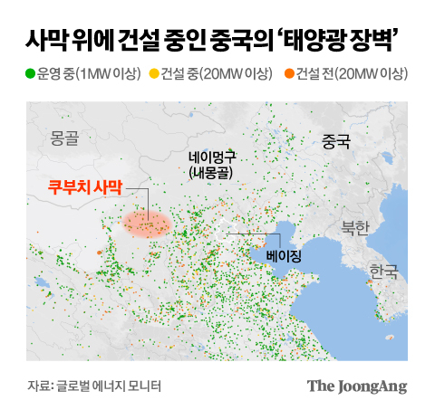 사막에 저게 뭐야…중국 '400 태양광 장성' 쌓는다 사막에 저게 뭐야…중국 '400 태양광 장성' 쌓는다