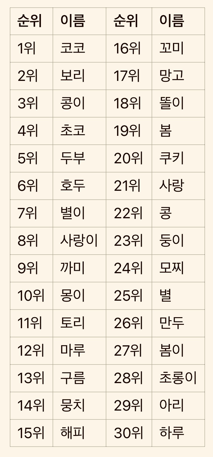    인기 많은 강아지 이름 순위 (1위~60위)