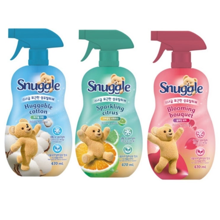  Snuggle 스너글 섬유탈취제 470ml 3개 땀/주방음식/침구류/의류/흡연후 냄새제거관리 (스파클링시트러스/허거블코튼/블루밍부케), 470ml, 3개