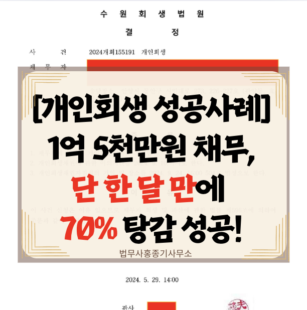  [안양개인회생 성공사례] 사업실패로 인한 1억 5천만원 빚, 단 한달만에 개시결정, 70% 탕감 성공! 보정권고 최소화 및 기간단축 방법-개인회생 파산 전문 안양법무사 홍종기