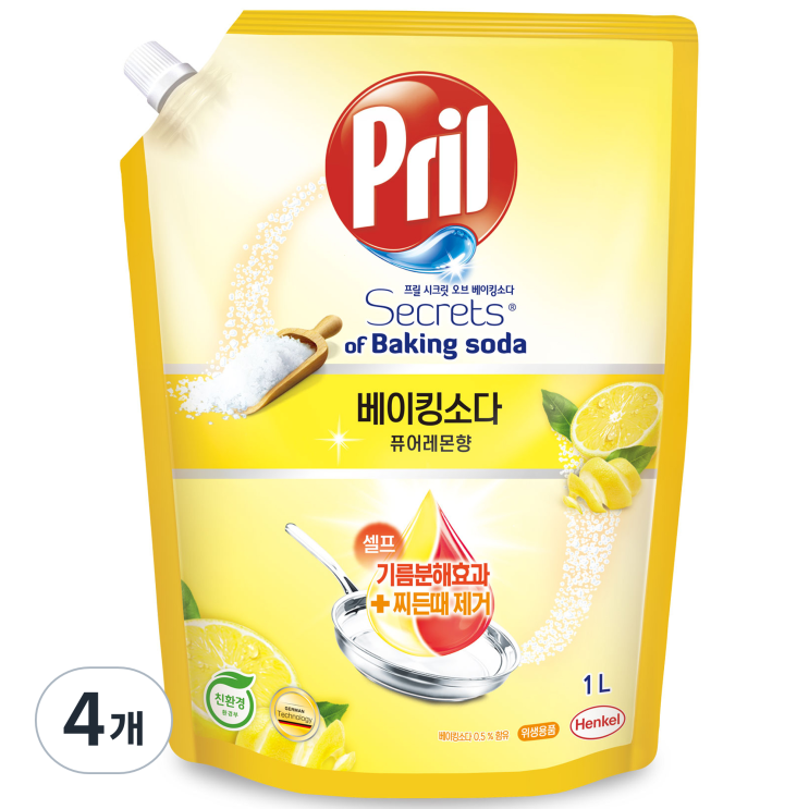  프릴 시크릿오브 베이킹소다 주방세제 퓨어레몬향 리필, 1L, 4개