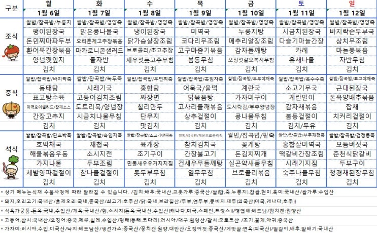  [전주요양병원] 전주 완산구 평화동 요양병원[전주사랑요양병원 25년 1월 첫째주 주간식단표]