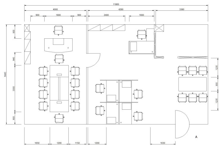  Office Layout _ 6인 + 중역실 _ 11860 * 6440
