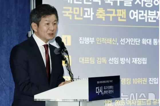 <b>대한축구협회</b>장 후보 정몽규, <b>축구</b>종합센터 완성을 위해 50억... 