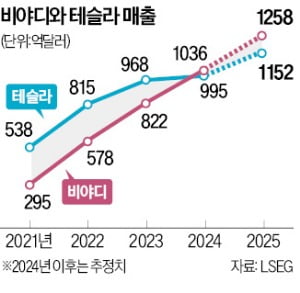 테슬라 매출 추월한 비야디…시총도 따라잡나 테슬라 매출 추월한 비야디…시총도 따라잡나