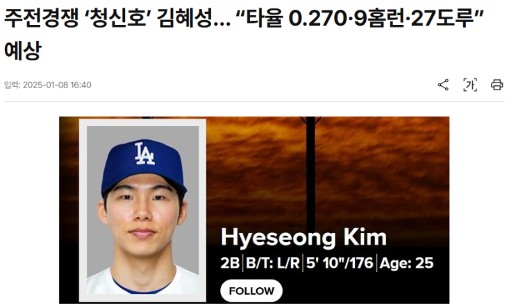 LA다저스 개빈 럭스 트레이드로 <b>김혜성</b> <b>2루수</b> 경쟁에 청신호~!