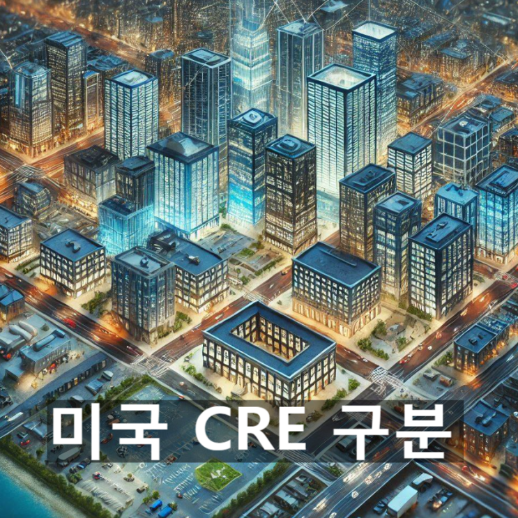  미국 상업용부동산(CRE)의 주요 범주 - Office, Retail, Industrial, Multifamily 등 종류별 범위와 비중, 특징 등