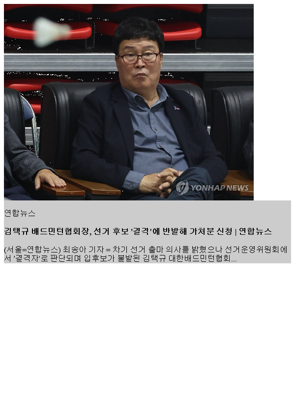 김택규 <b>배드민턴협회장</b>, <b>선거</b> 후보 '결격'에 반발해 가처분 신청