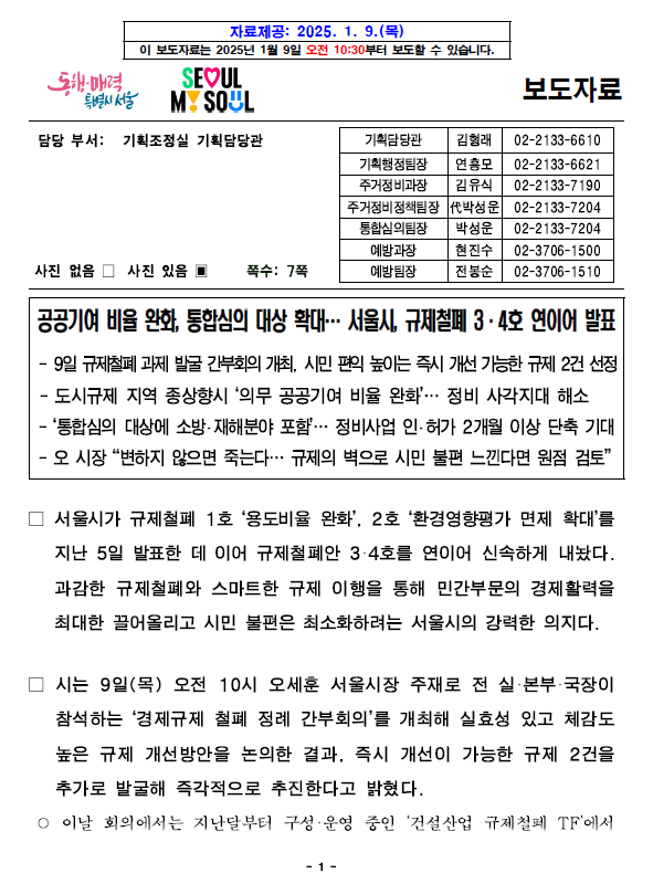 <b>서울시</b> 도시개발 <b>규제철폐</b> (25년 1월 9일 발표안)