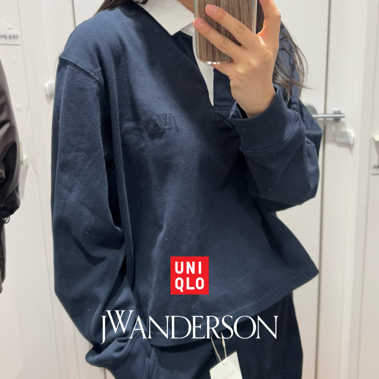  【UNIQLO】 유니클로 JW앤더슨 콜라보 박시러거폴로셔츠 네이비 턱와이드치노팬츠 여자 후기