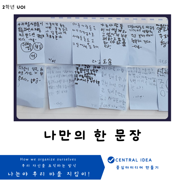  [2학년 UOI : How we organize ourselves] 나만의 한 문장(2학년 마을)- 중심 아이디어(Central idea) 만들기