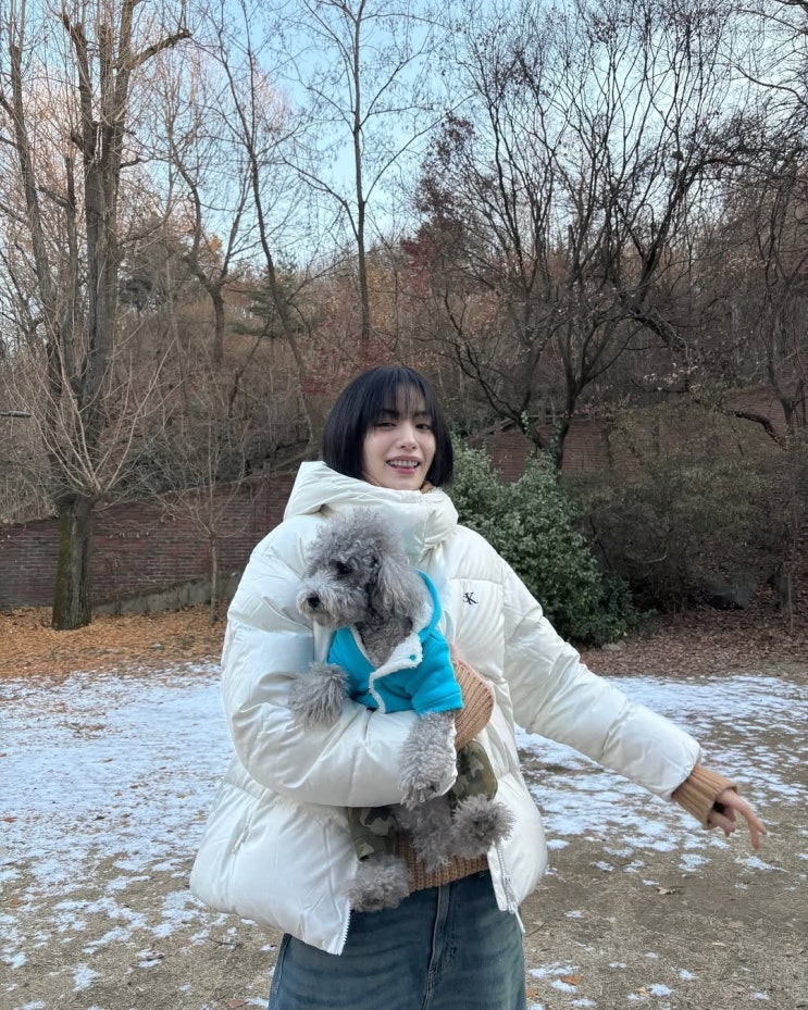  나나의 귀여운 댕댕이와 함께한 겨울 코디에 매력적인 캘빈클라인(CK) 미들 푸퍼 여성 패딩 추천