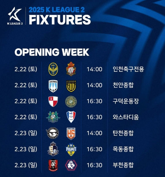 2025 K리그2 개막, 2월 22일! 인천 vs 경남 빅매치로 시작, 14개 팀 승격 경쟁 '치열' 2025 K리그2 개막, 2월 22일! 인천 vs 경남 빅매치로 시작, 14개 팀 승격 경쟁 '치열'