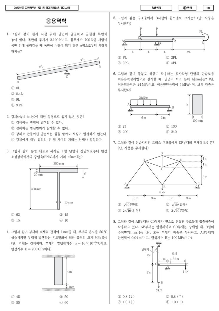  [7급 응용역학] 2023년 지방직 7급 응용역학 문제 및 해설