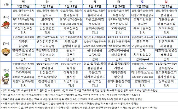  [전주 요양병원] 전주 평화동 요양병원 25년 1월 셋째주 주간식단표