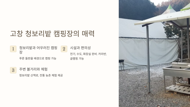  고창 청보리밭 캠핑장 가이드: 농촌 체험과 힐링 캠핑