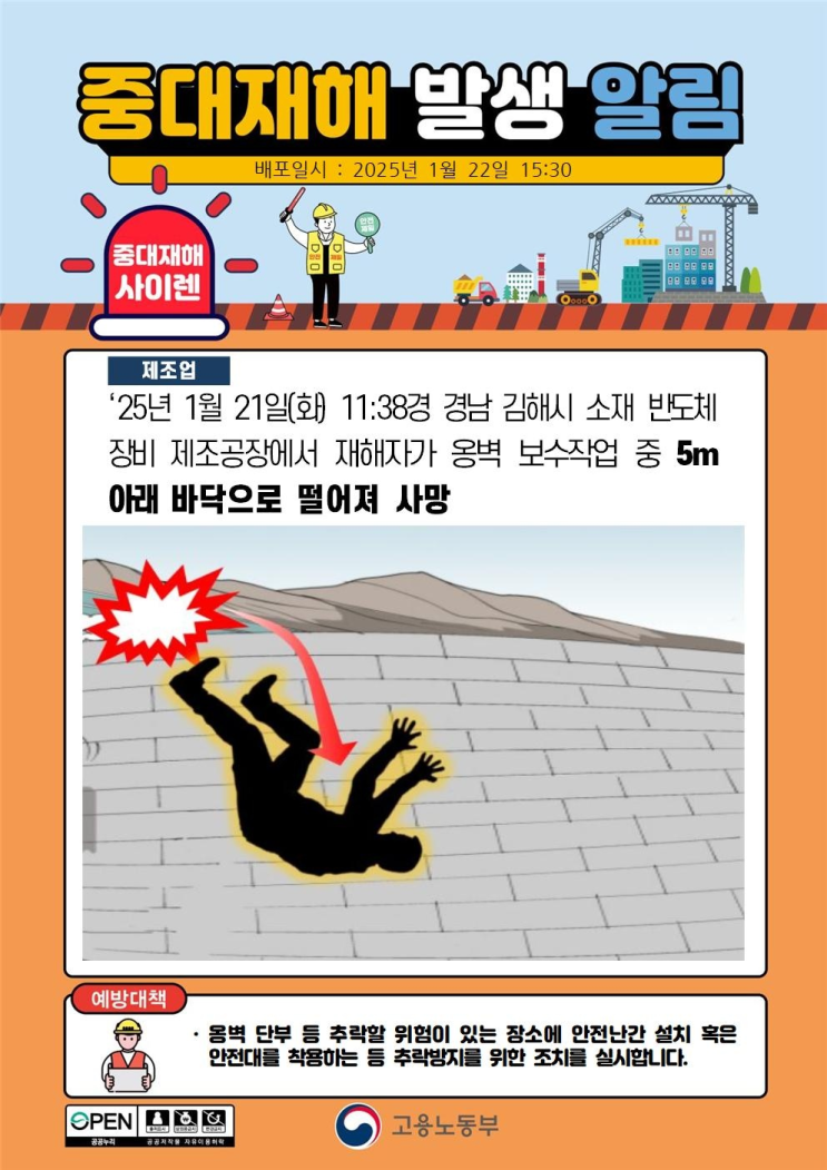  중대재해 옹벽 보수작업 중 추락사고