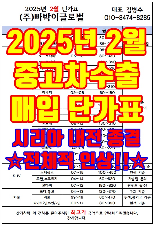  2025년 2월 중고차 수출 단가표 / 매입시세