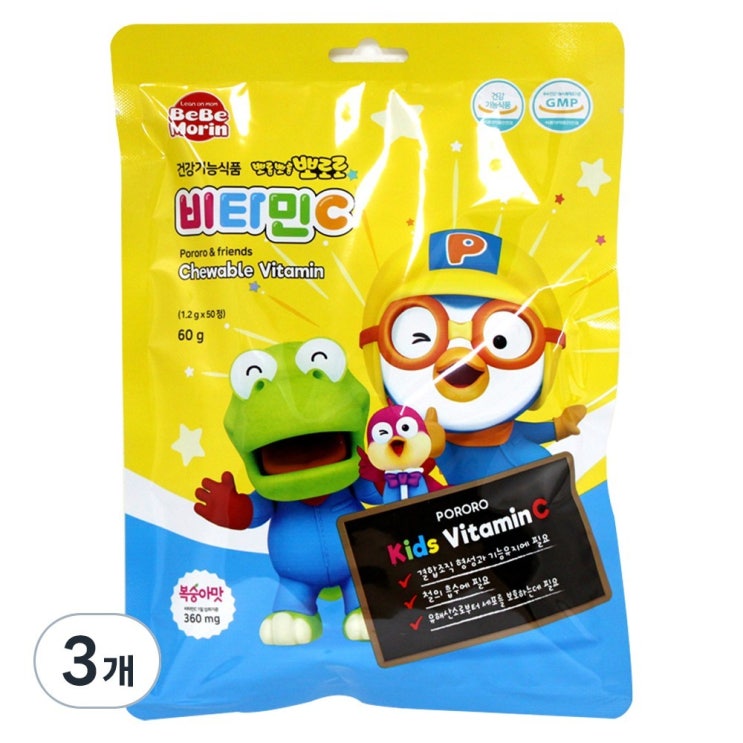  베베모린 뽀롱뽀롱 뽀로로 복숭아맛 비타민C, 50정, 60g, 3개