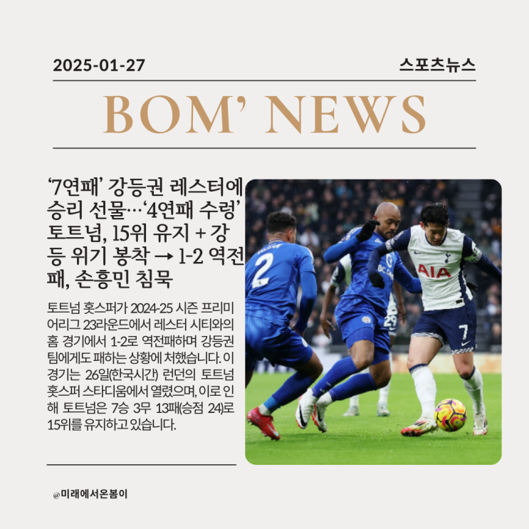 ‘<b>7연패</b>’ 강등권 <b>레스터</b>에... 봉착 → 1-2 역전패, <b>손흥민</b> 침묵
