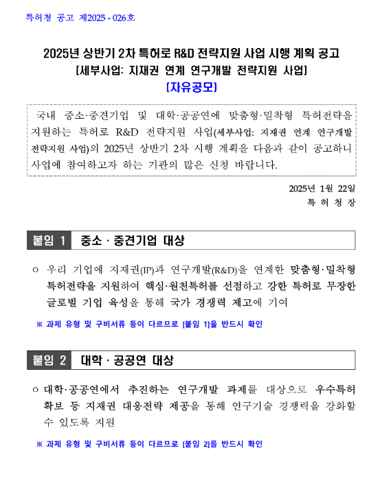 2025년 2차 상반기 특허로 R&D 전략지원 사업 시행 계획 공고 2025년 2차 상반기 특허로 R&D 전략지원 사업 시행 계획 공고