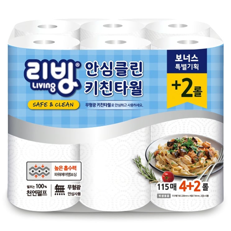  리빙티슈 천연펄프 안심클린 키친타올, 6개입, 1개