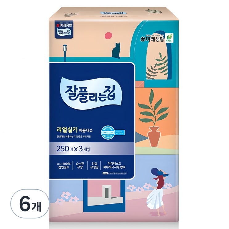  잘풀리는집 리얼실키 미용티슈 2겹, 250매, 6개