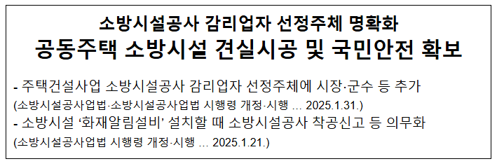 소방시설 감리 객관성·공정성 확보! 공동주택 소방시설 견실시공 및 국민안전 강화 소방시설 감리 객관성·공정성 확보! 공동주택 소방시설 견실시공 및 국민안전 강화